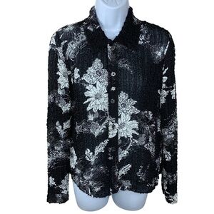Rafael Black White Floral Blouse Textured Stretch Long Sleeve Size PP XS